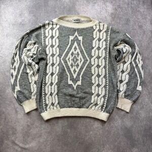 Vintage Mondo Italy Grey Cream Geometric Intarsia Knit Crewneck Sweater Mens L
